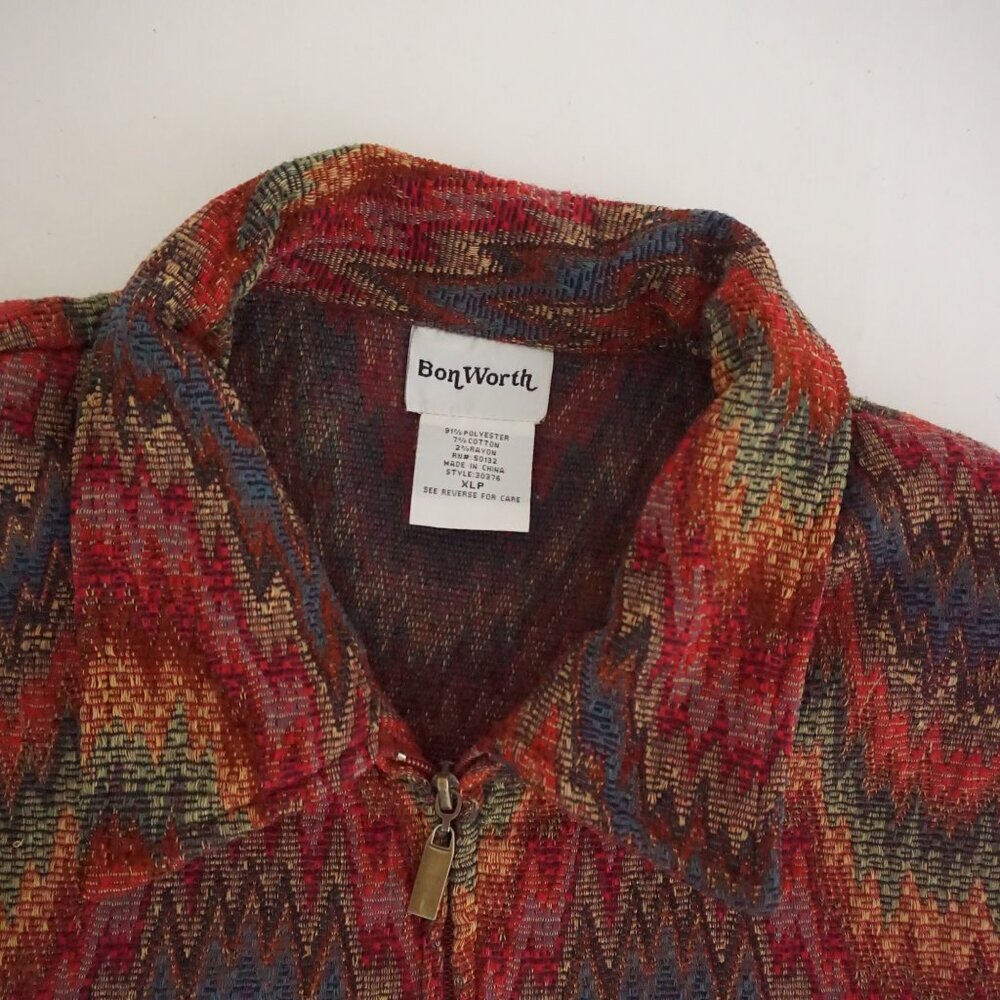 Vintage BonWorth Red Gold Southwestern Tapestry Zip Jacket Western Patchwork XLP - Picture 4 of 10
